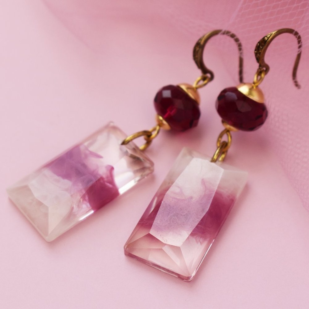 Colorful hot pink ink resin dangle earrings, medium size clear acrylic earrings